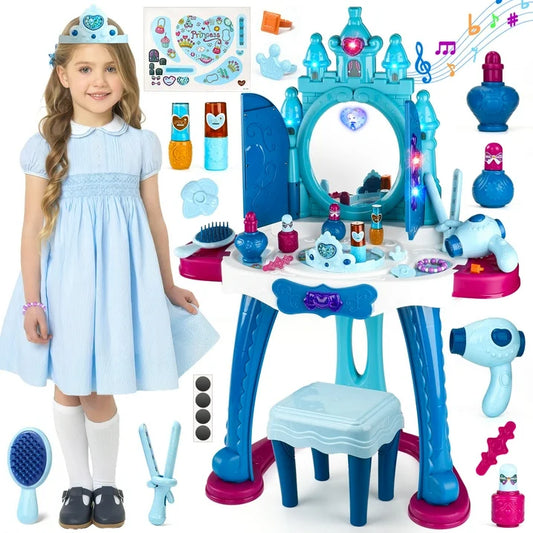 Kids Vanity Sets for Little Girls, Toddler Hair Salon Play Set with Chair, Light up Makeup Table with Mirror for Kids 2 3 4 5 Years Old, Princess Vanity Toy Set Gift for Girls