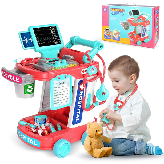 Medical Trolley Cart for Toddlers, Doctor Pretend Playset with Stethoscope for Kids 3 4 5 6, Role Play Christmas Gift Toys for Boys Girls 3+(Red)