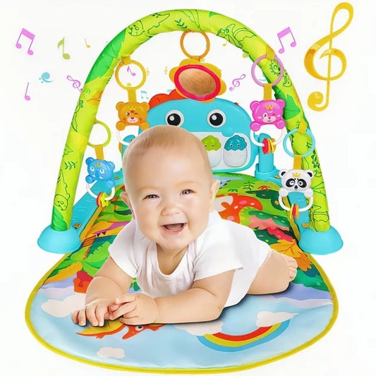 Musical Activity Baby Play Gym Mat, 2-in-1 Dinosaur Toys Foot Piano Fitness Game Mat, Tummy Time Mat Toys for 0-12 Months, Perfect Birthday Christmas Gift for Infants Boys Girls