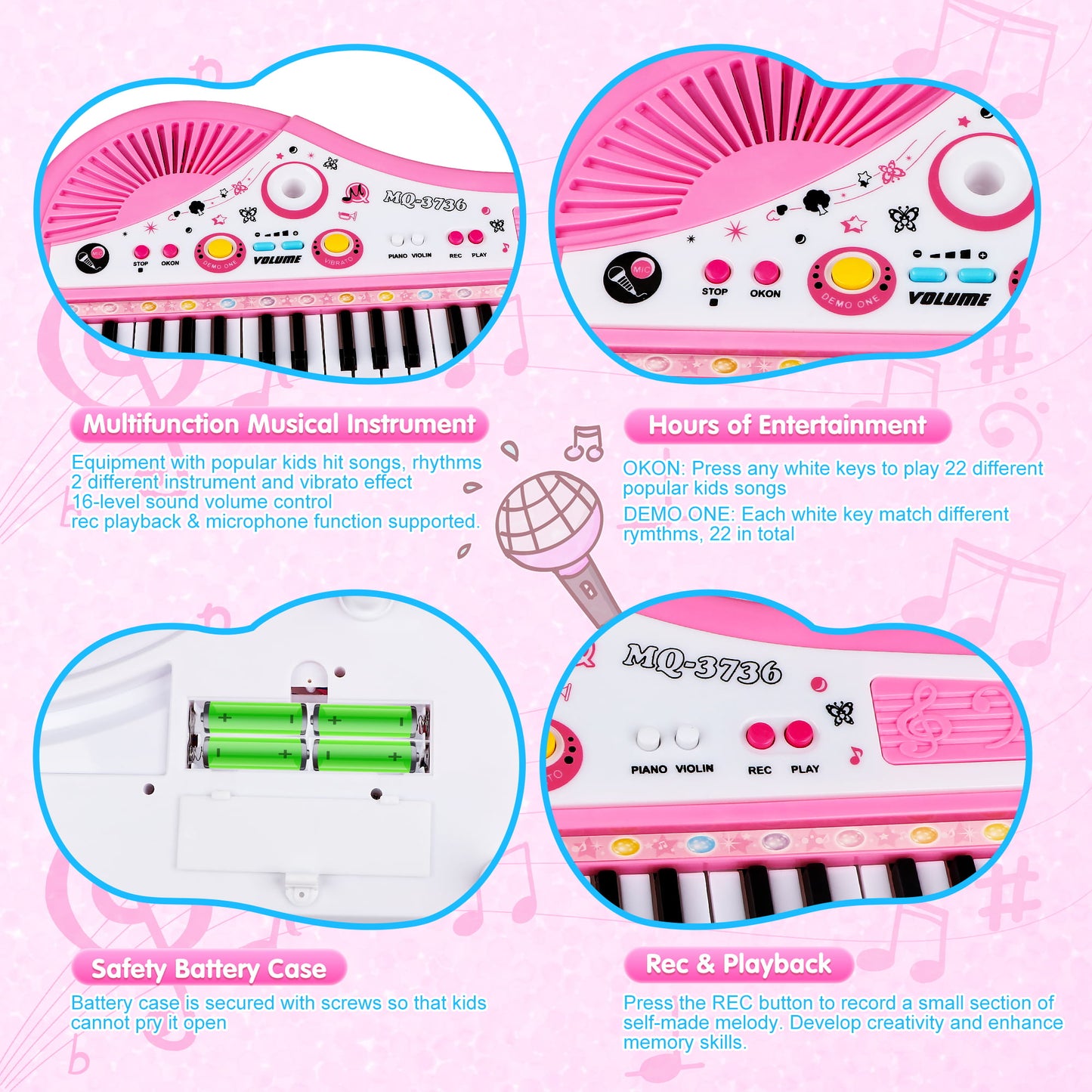 Pink Baby Piano Keyboard Toys for Kids, Musical Instrument with Microphone for Toddlers, Preschooler Music Learning Popular Piano Toys, Birthday Christmas Gift for Girls Boys Aged 3 4 5 6+