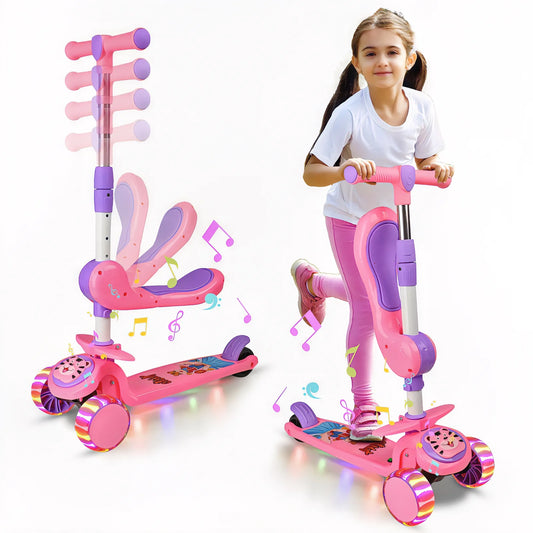 Pink Kids Scooter with Adjustable Seat, Foldable Design, Music and Lights, LED Wheels, Outdoor Activities Toy for Girls/Boys Aged 2 3 4 5 6+, Birthday Christmas Gift for Girls 3+