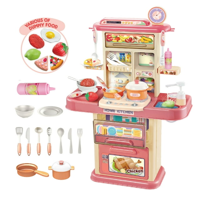 Hot Bee Kids Play Kitchen, Toy Kitchen Set for Toddlers Girls with Real Sounds & Lights, Pretend Play Foods, Birthday Gift for Kids Age 3-6 (Pink)