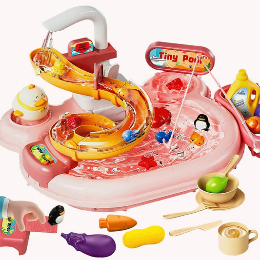 Play Kitchen Sink Toys for Girls 3-6 Years, Kids Electric Dishwasher Playing Toy with Running Water,2 in 1 Fishing Pool Toys for Toddlers Girls 3 Years and Up