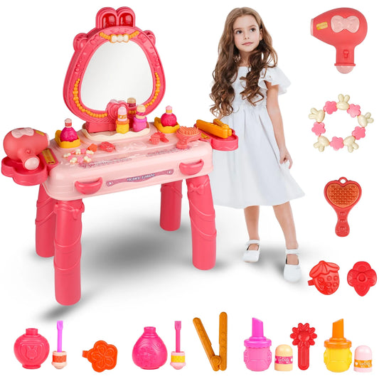Pretend Play Girls Vanity Set with Mirror, Pretend Play Toddler Makeup Vanity Table Toys, 29Pcs Toddler Vanity Set for Kids, Princess Vanity Toys for 2 3 4 5 Year Old Girls Gift