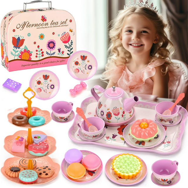 Princess Tea Party Set for Little Girls, Tin Tea Set with Desserts & Carrying Case, Perfect Birthday Gift for Ages 3-8, Pretend Play Kitchen Toy