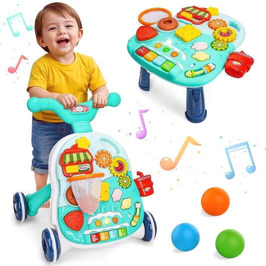 Sit-to-Stand Learning Walker, 2 in 1 Baby Walker and Activity Center, Baby Music Learning Toy, Birhday Christmas Gift for Infant Boys Girls 6 to 18 Months-Green