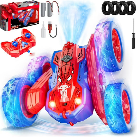 Spider Remote Control Stunt Car for Kids 5-12, 360° Spin RC Car w/ Smokes & Light, Rechargeable Double-Sided 4WD Off-Road Indoor Outdoor Toys, Gift for Boys Girls 5-7 8-12