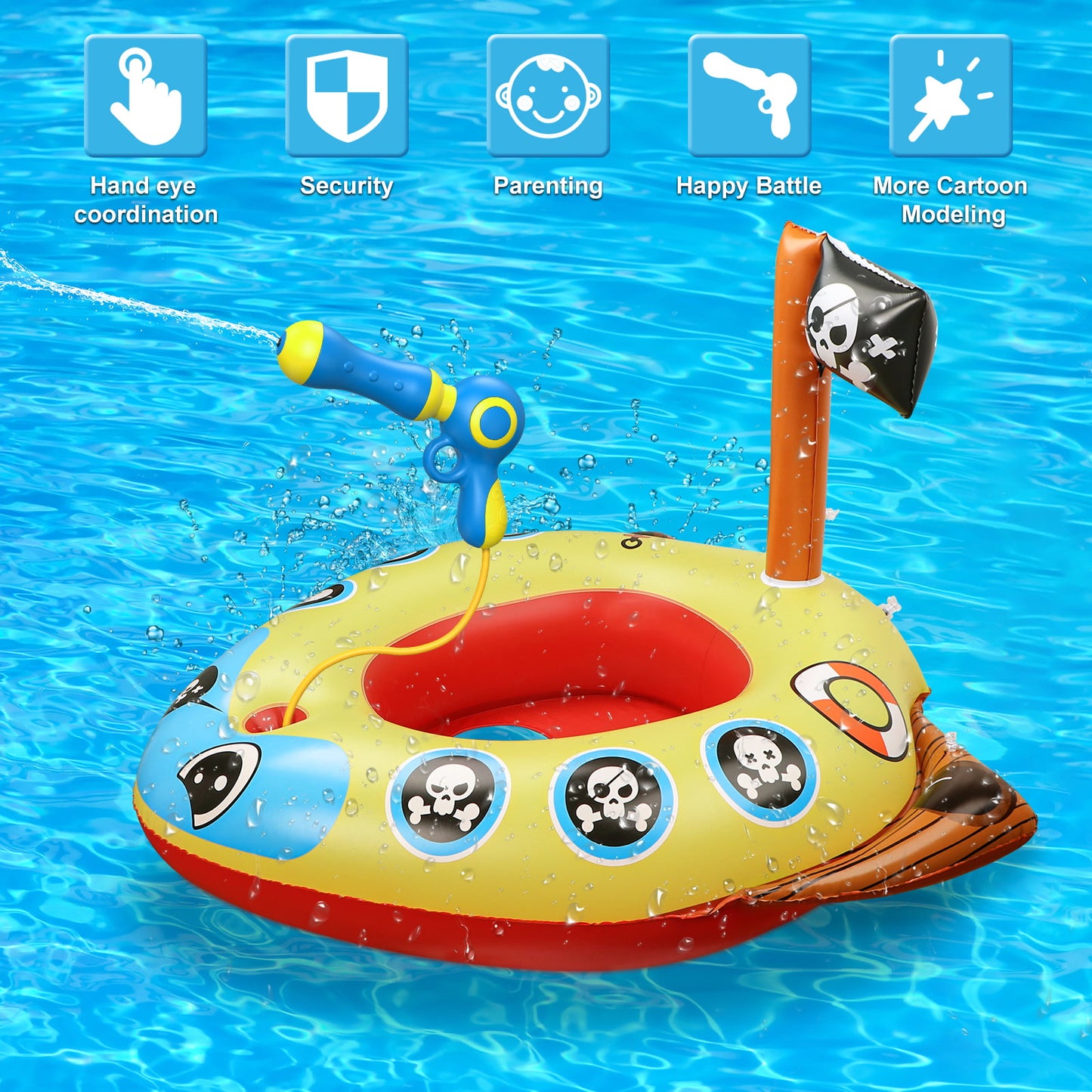 Swimming Ring Pool Floats for Kids with Squirt Gun, Inflatable Ride-on Pirate Boat, Summer Toys Water Floaties for Toddler Boys Girls Aged 3+