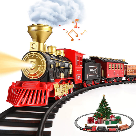 Train Set for Kids,with Steam Locomotive Engine, Cargo Car and Long Track for Toddlers, Train Toys with Steam, Light and Sounds, Christmas Gift for Kids, Boys & Girls 3-12 Years