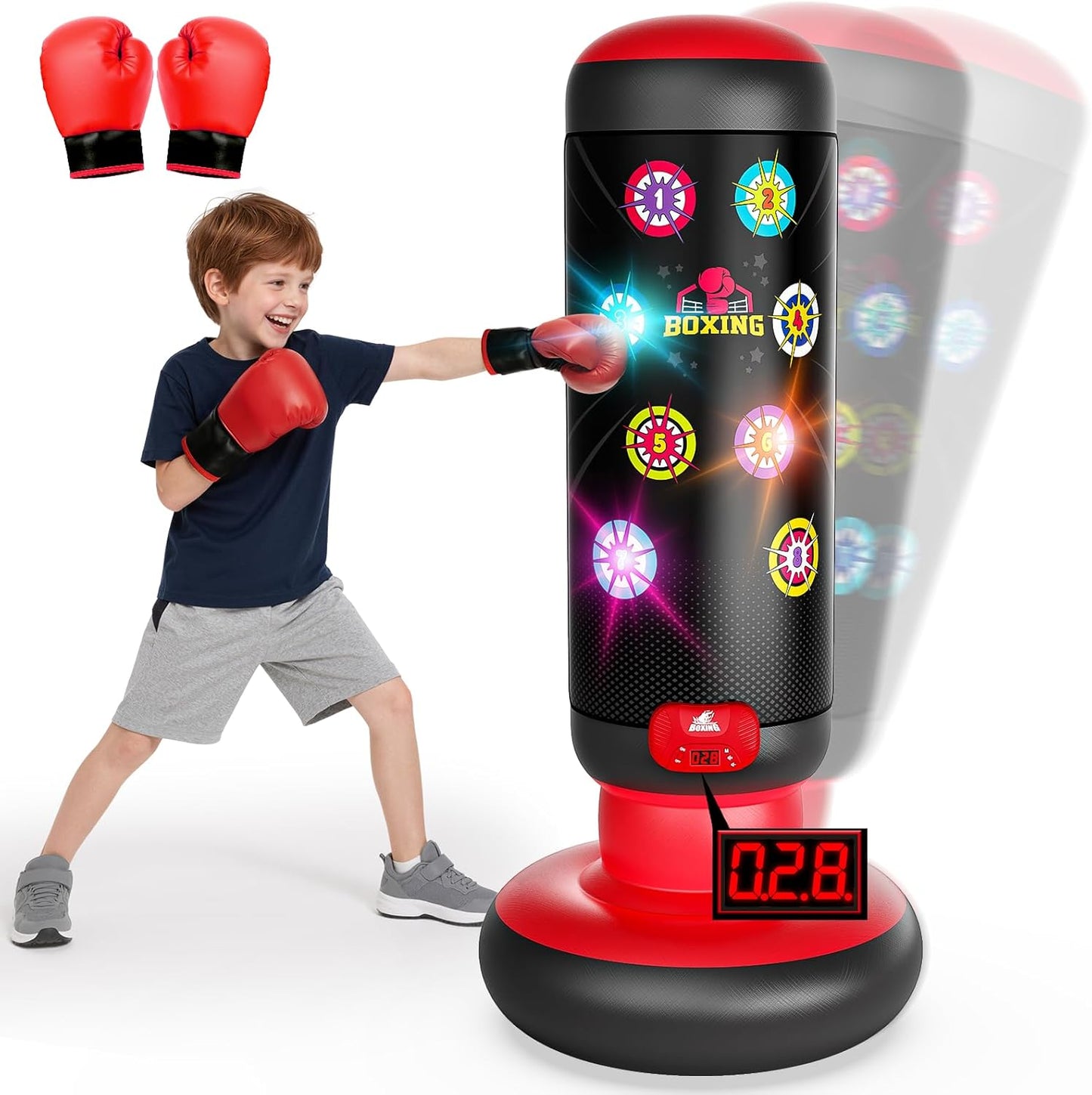 Hot Bee Interactive Punching Bag for Kids, Boxing Bag with Music & Light 4-Mode Game, Inflatable Punch Bag with Gloves, Kids Gym Equipment, Boxing Gifts Toys for 6 7 8 9 10 11 12 Year Old Boys
