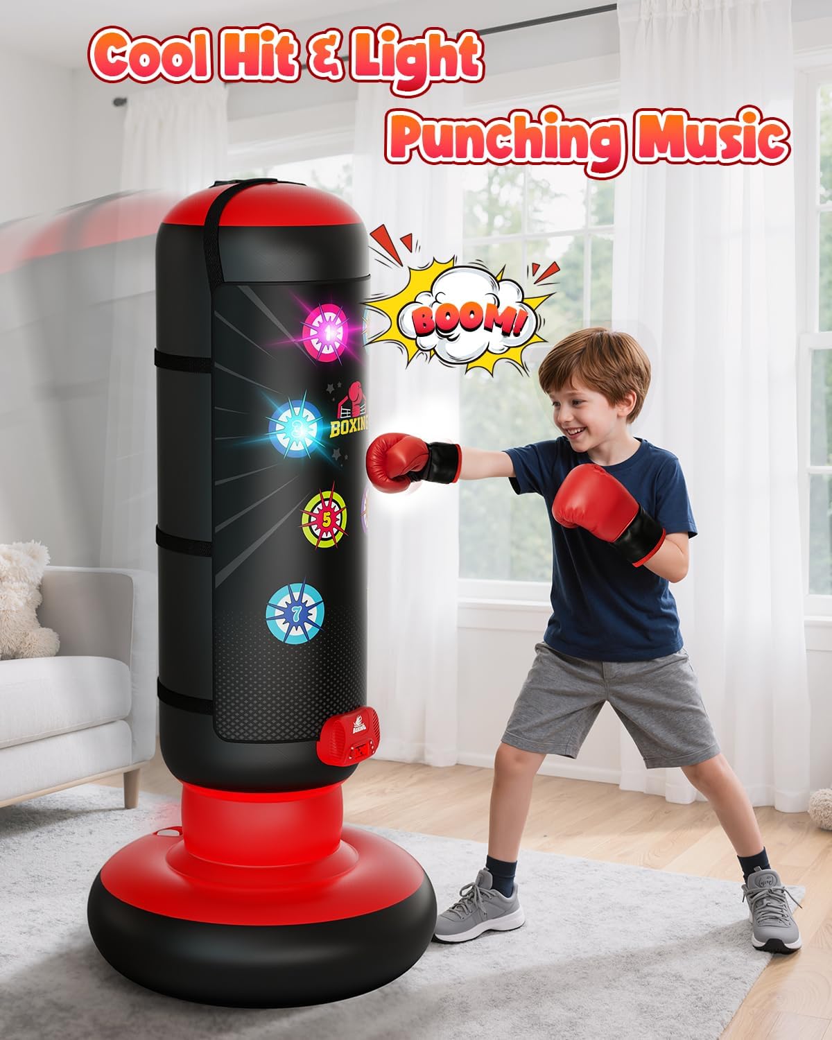 Hot Bee Interactive Punching Bag for Kids, Boxing Bag with Music & Light 4-Mode Game, Inflatable Punch Bag with Gloves, Kids Gym Equipment, Boxing Gifts Toys for 6 7 8 9 10 11 12 Year Old Boys