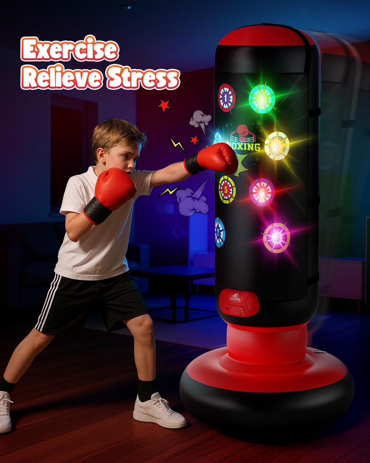 Hot Bee Interactive Punching Bag for Kids, Boxing Bag with Music & Light 4-Mode Game, Inflatable Punch Bag with Gloves, Kids Gym Equipment, Boxing Gifts Toys for 6 7 8 9 10 11 12 Year Old Boys