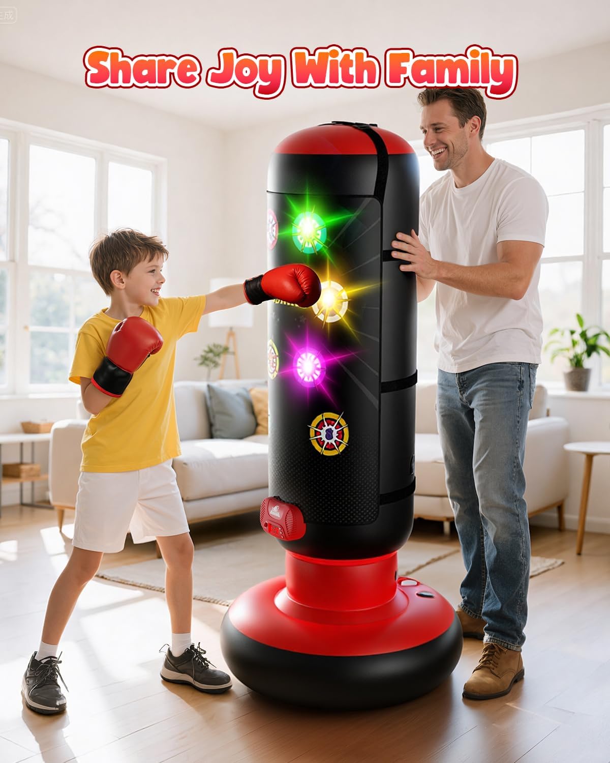 Hot Bee Interactive Punching Bag for Kids, Boxing Bag with Music & Light 4-Mode Game, Inflatable Punch Bag with Gloves, Kids Gym Equipment, Boxing Gifts Toys for 6 7 8 9 10 11 12 Year Old Boys