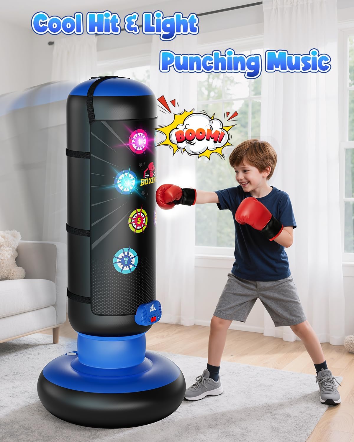 Hot Bee Interactive Punching Bag for Kids, Boxing Bag with Music & Light 4-Mode Game, Inflatable Punch Bag with Gloves, Kids Gym Equipment, Boxing Gifts Toys for 6 7 8 9 10 11 12 Year Old Boys
