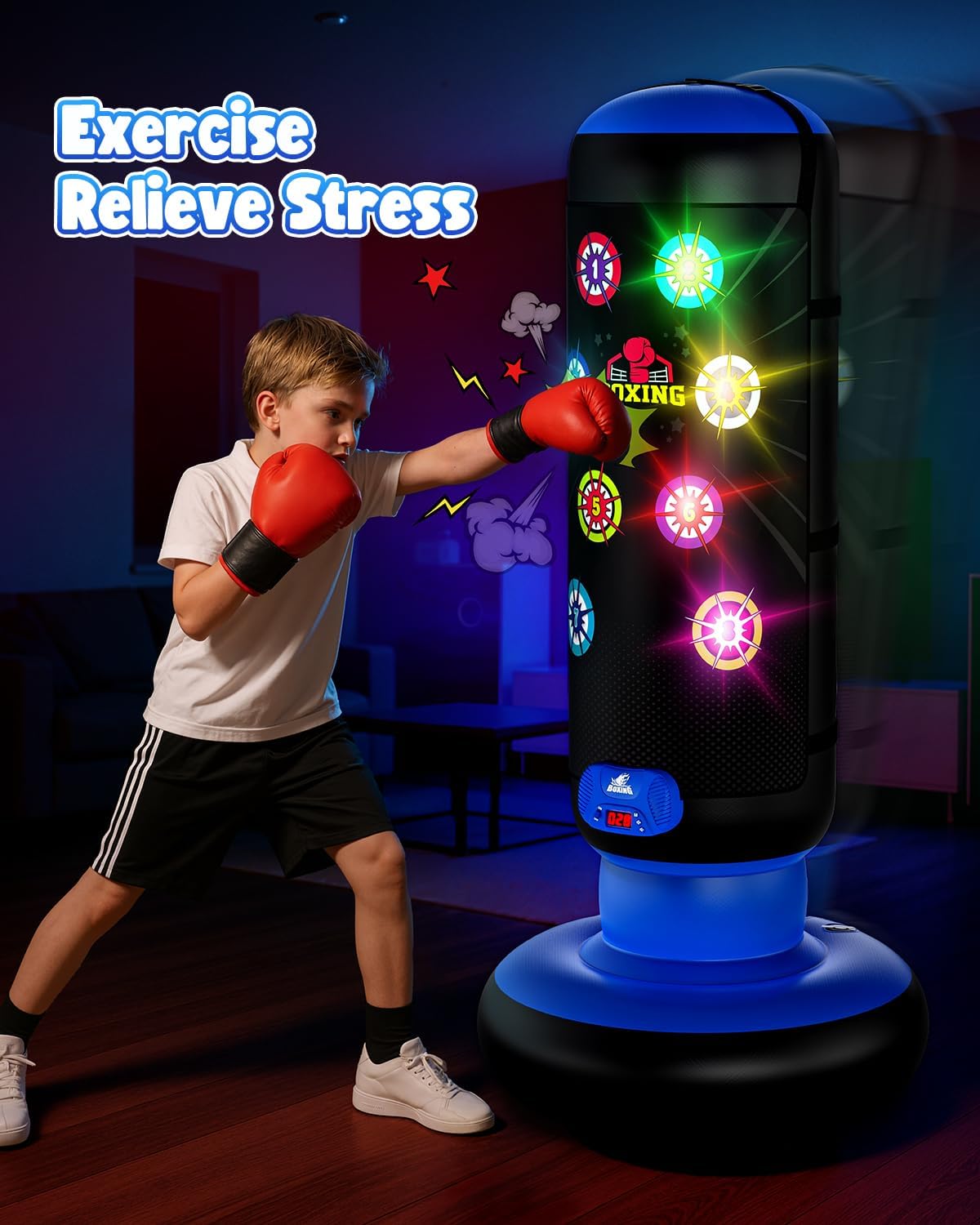 Hot Bee Interactive Punching Bag for Kids, Boxing Bag with Music & Light 4-Mode Game, Inflatable Punch Bag with Gloves, Kids Gym Equipment, Boxing Gifts Toys for 6 7 8 9 10 11 12 Year Old Boys