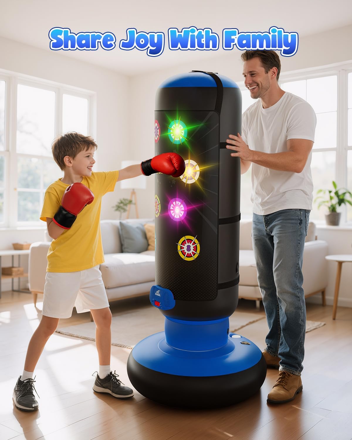 Hot Bee Interactive Punching Bag for Kids, Boxing Bag with Music & Light 4-Mode Game, Inflatable Punch Bag with Gloves, Kids Gym Equipment, Boxing Gifts Toys for 6 7 8 9 10 11 12 Year Old Boys