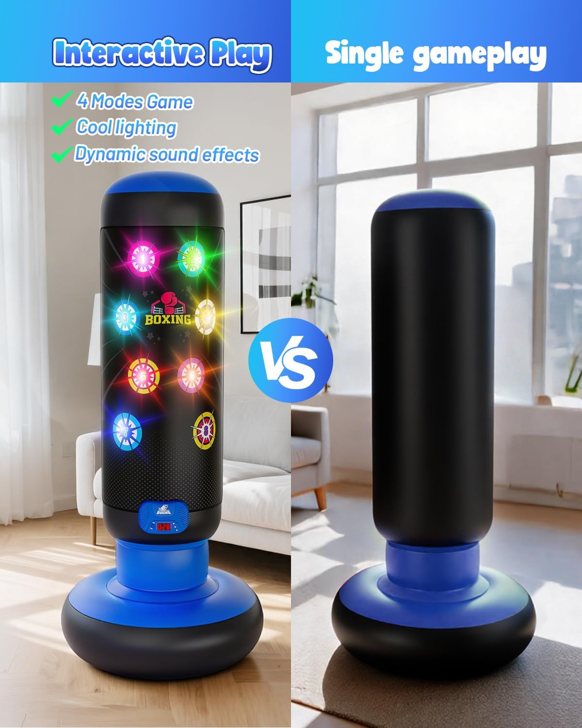 Hot Bee Interactive Punching Bag for Kids, Boxing Bag with Music & Light 4-Mode Game, Inflatable Punch Bag with Gloves, Kids Gym Equipment, Boxing Gifts Toys for 6 7 8 9 10 11 12 Year Old Boys