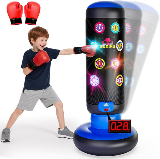 Hot Bee Interactive Punching Bag for Kids, Boxing Bag with Music & Light 4-Mode Game, Inflatable Punch Bag with Gloves, Kids Gym Equipment, Boxing Gifts Toys for 6 7 8 9 10 11 12 Year Old Boys