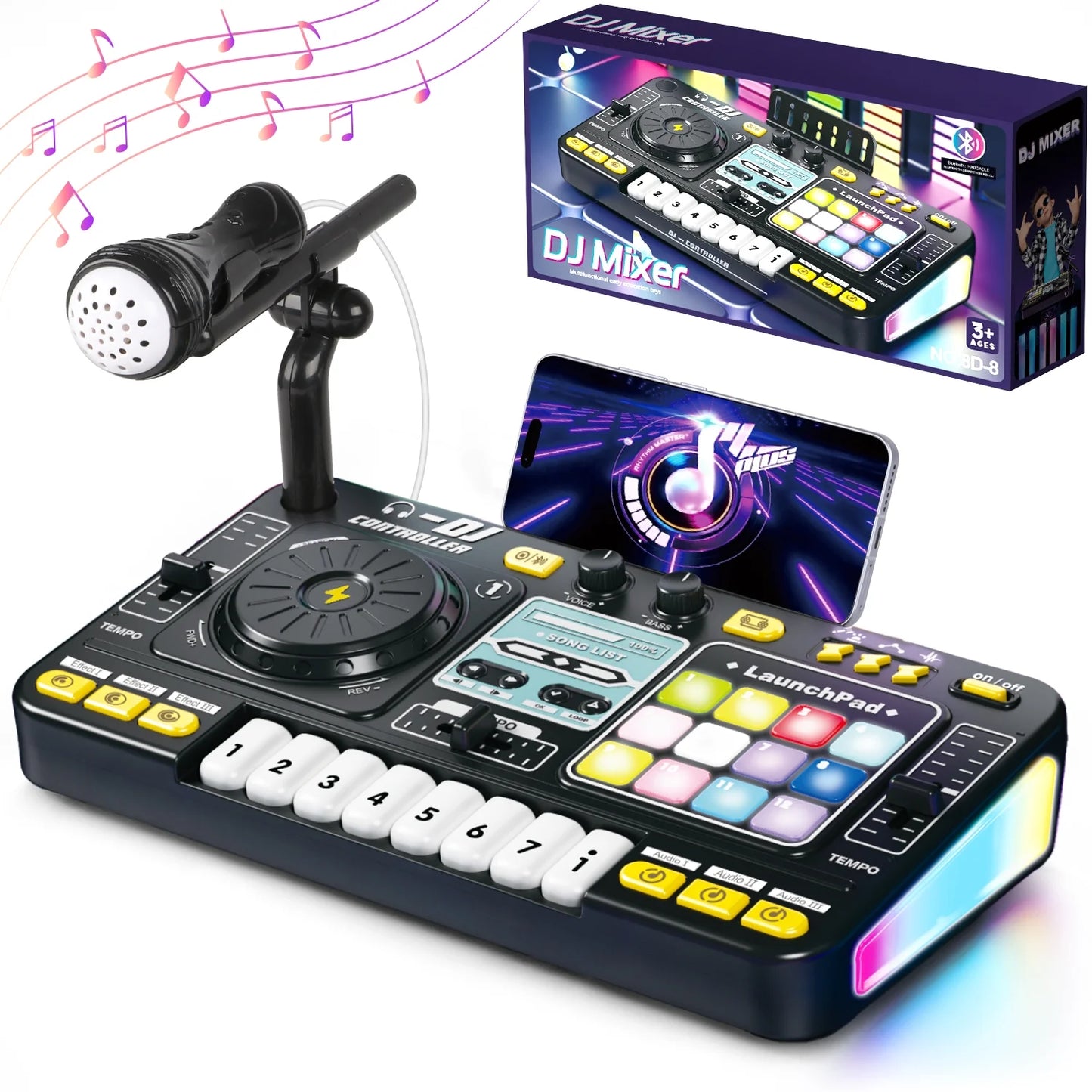DJ Mixer for Kids with Microphone&Bluetooth, Light up DJ turntable with 12 MIDI, DJ Mixing Controller for Beginners, Musical Instruments Toys Birthday Christmas Gift for Boys&Girls 5 6 7+