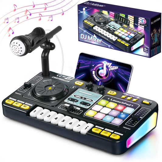 DJ Mixer for Kids with Microphone&Bluetooth, Light up DJ turntable with 12 MIDI, DJ Mixing Controller for Beginners, Musical Instruments Toys Birthday Christmas Gift for Boys&Girls 5 6 7+