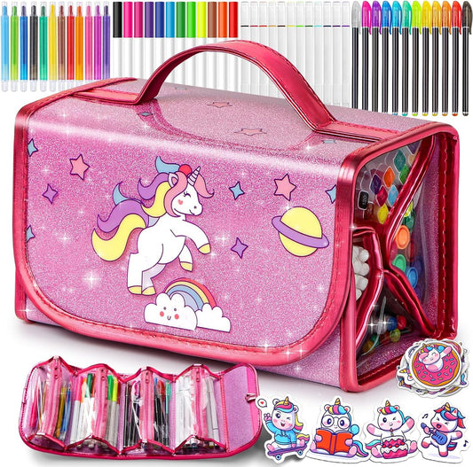 Hot Bee Unicorn Gifts for Girls Age 4-7, 48Pcs Kids Art Set & Colouring Sets, Pencil Case Includes Scented Glitter Pens, Arts and Crafts Toys for 4 5 6 7 Year Old, Birthday Presents