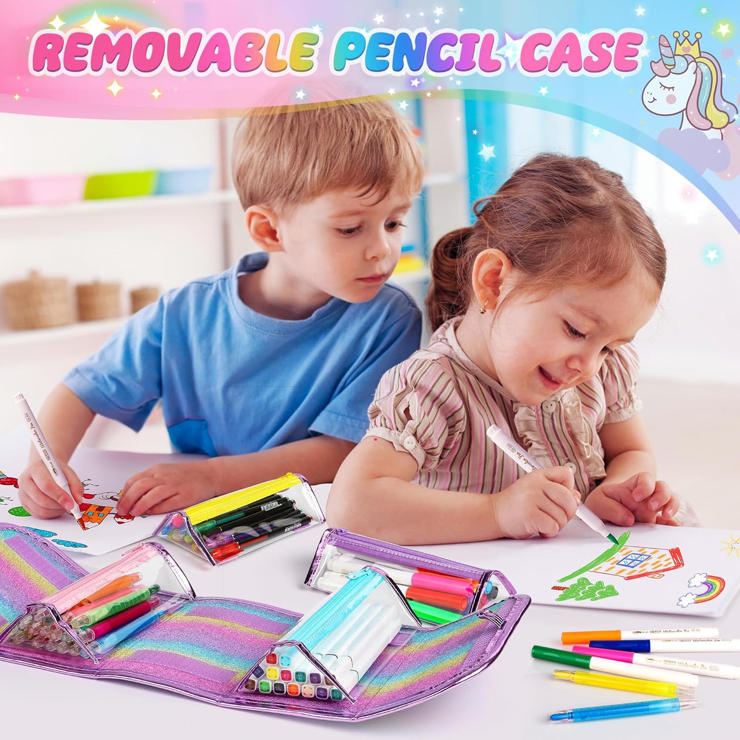 Hot Bee Unicorn Gifts for 4-7 Year Old Girl, Colouring Pens, Arts and Crafts Kits for Kids, Toys for 4-8 Year Old Girls, Unicorn Pencil Case for Girls