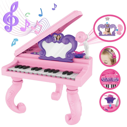 Piano Keyboard Toy for Girls - 24 Keys Toddler Piano Music Toy Instruments with Microphone, Pink Piano Toys for 1 2 3 Years Old Girls Birthday Xmas Gift
