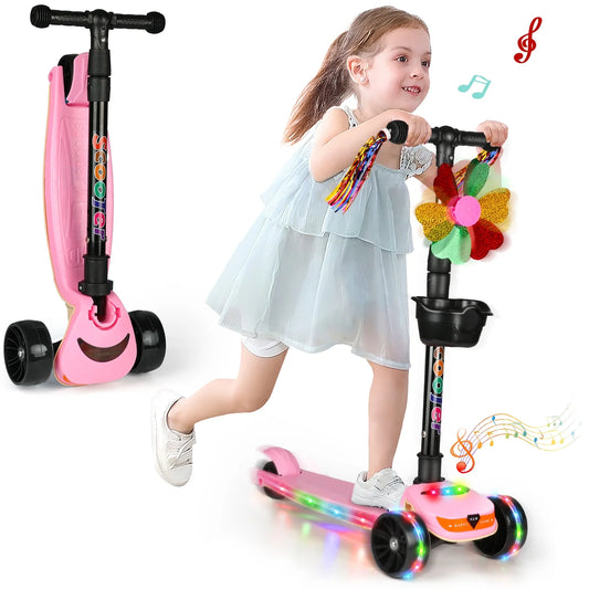 Pink Scooter for Kids 3-5, LED Light-up Wheels&Deck, Folding Kick Scooter for Girls in Adjustable Height w/ Music, Birthday Christmas Gift Outdoor Toys for Girls 6-12