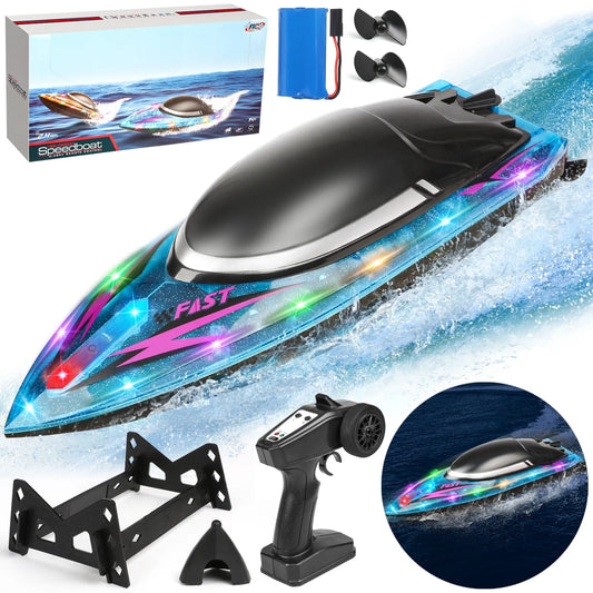 RC Boat for Kids 8-12, Fast Remote Control Boat for Water Pools with LED Lights, 2.4 GHz Racing Boats for Kids & Adults with Rechargeable Battery, Capsize Recovery, Gifts for Boys Girls