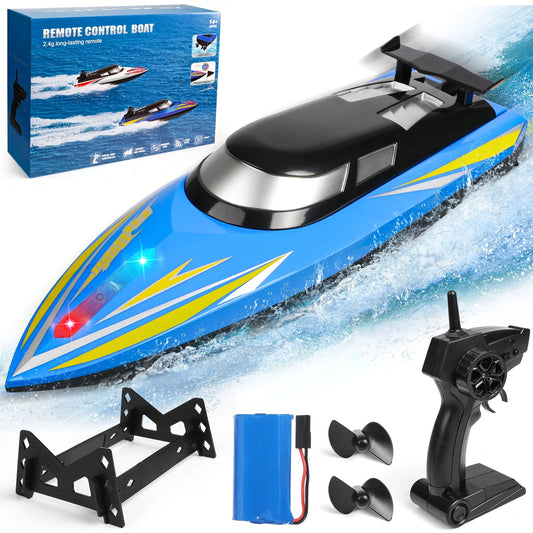 RC Boat for Adults & Kids, Fast Remote Control Boat with Led Lights for Pools and Lakes, 2.4Ghz High Speed RC Boat with Rechargeable Battery, Racing Boat for Kids Gifts for Boys Girls Aged 5+