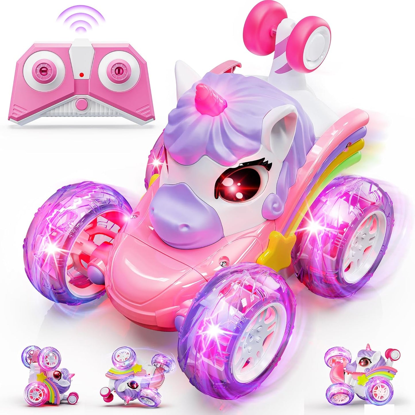 Hot Bee Remote Control Cars, Toy Cars for Kids Age 3+, RC Stunt Car with LED Light, Unicorn Gifts for Girls 3 4 5 6 7 8