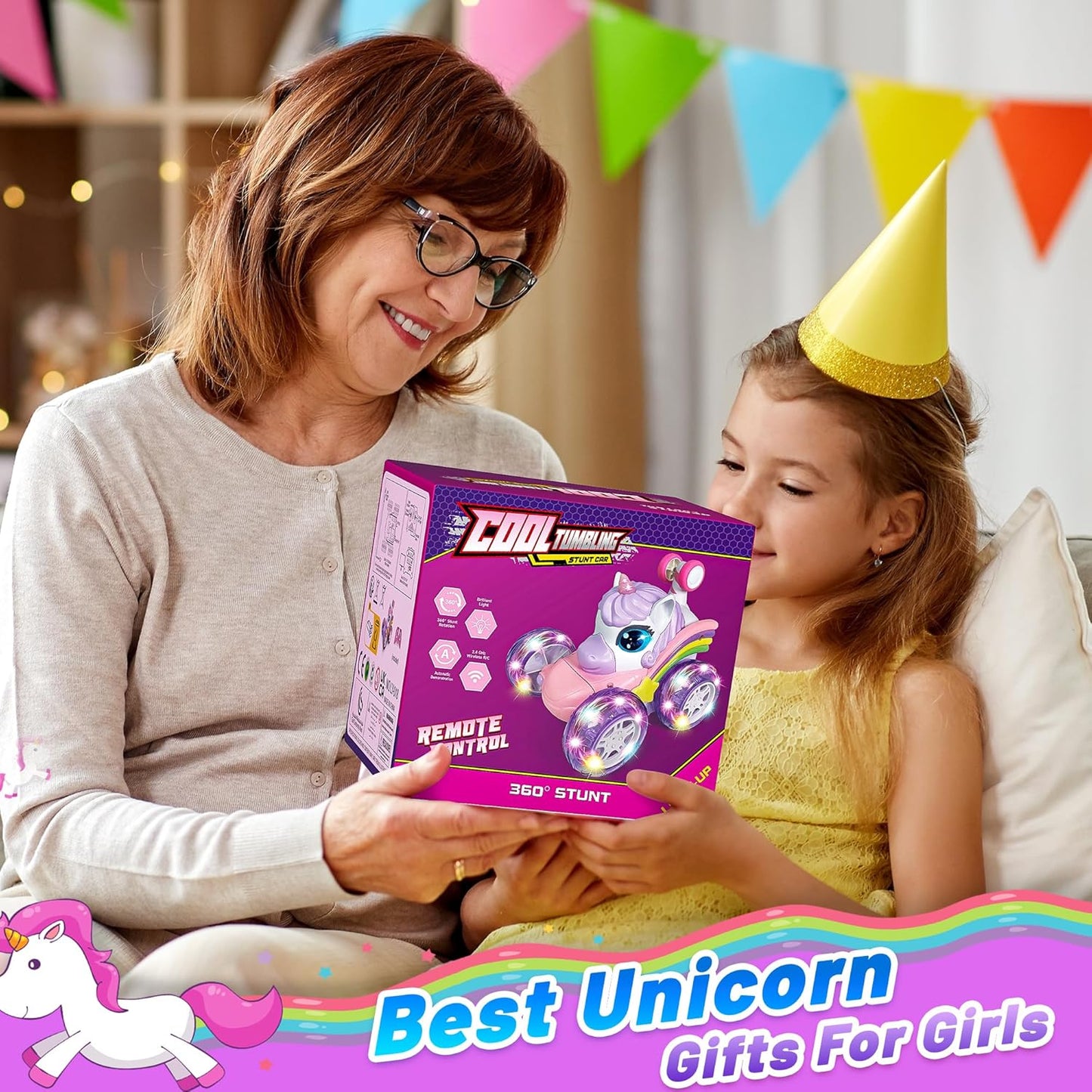 Hot Bee Remote Control Cars, Toy Cars for Kids Age 3+, RC Stunt Car with LED Light, Unicorn Gifts for Girls 3 4 5 6 7 8