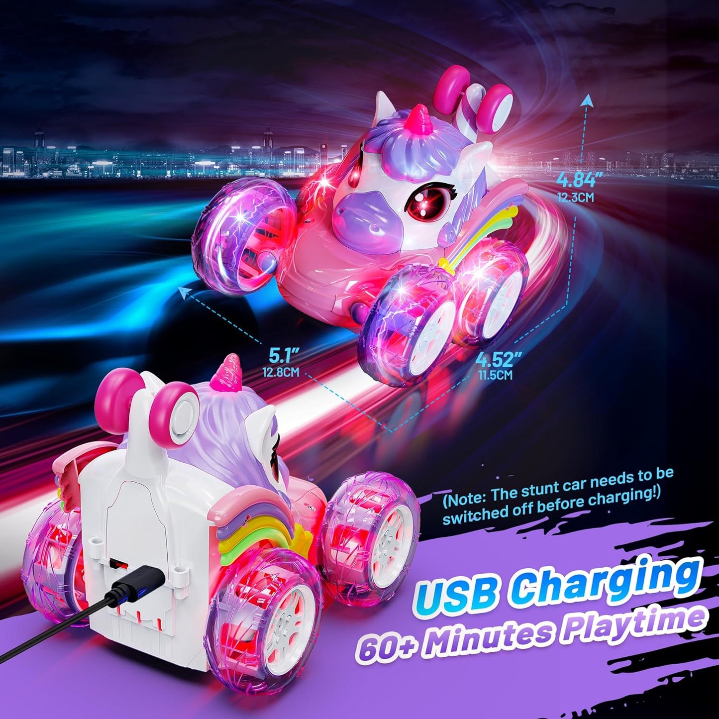 Hot Bee Remote Control Cars, Toy Cars for Kids Age 3+, RC Stunt Car with LED Light, Unicorn Gifts for Girls 3 4 5 6 7 8