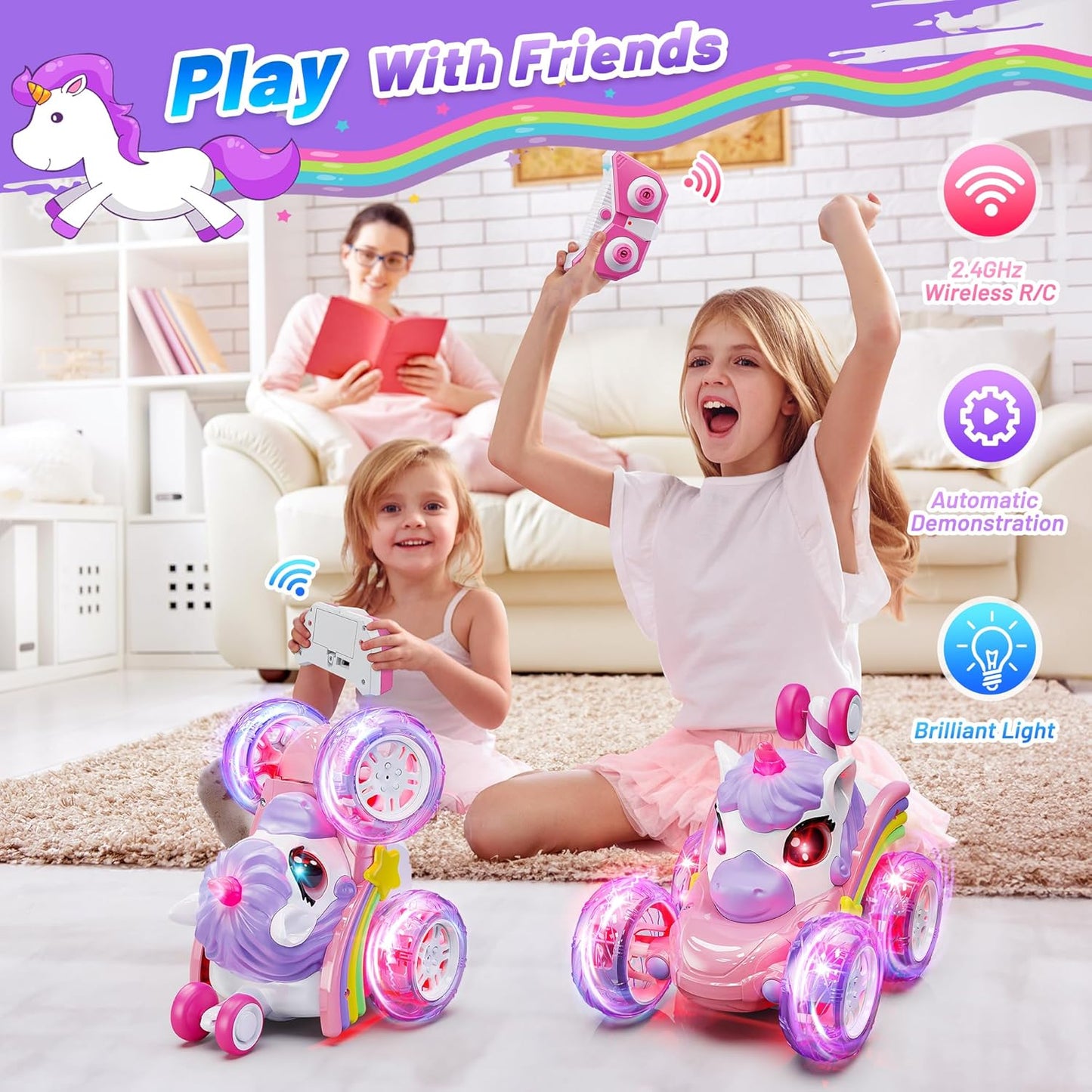 Hot Bee Remote Control Cars, Toy Cars for Kids Age 3+, RC Stunt Car with LED Light, Unicorn Gifts for Girls 3 4 5 6 7 8
