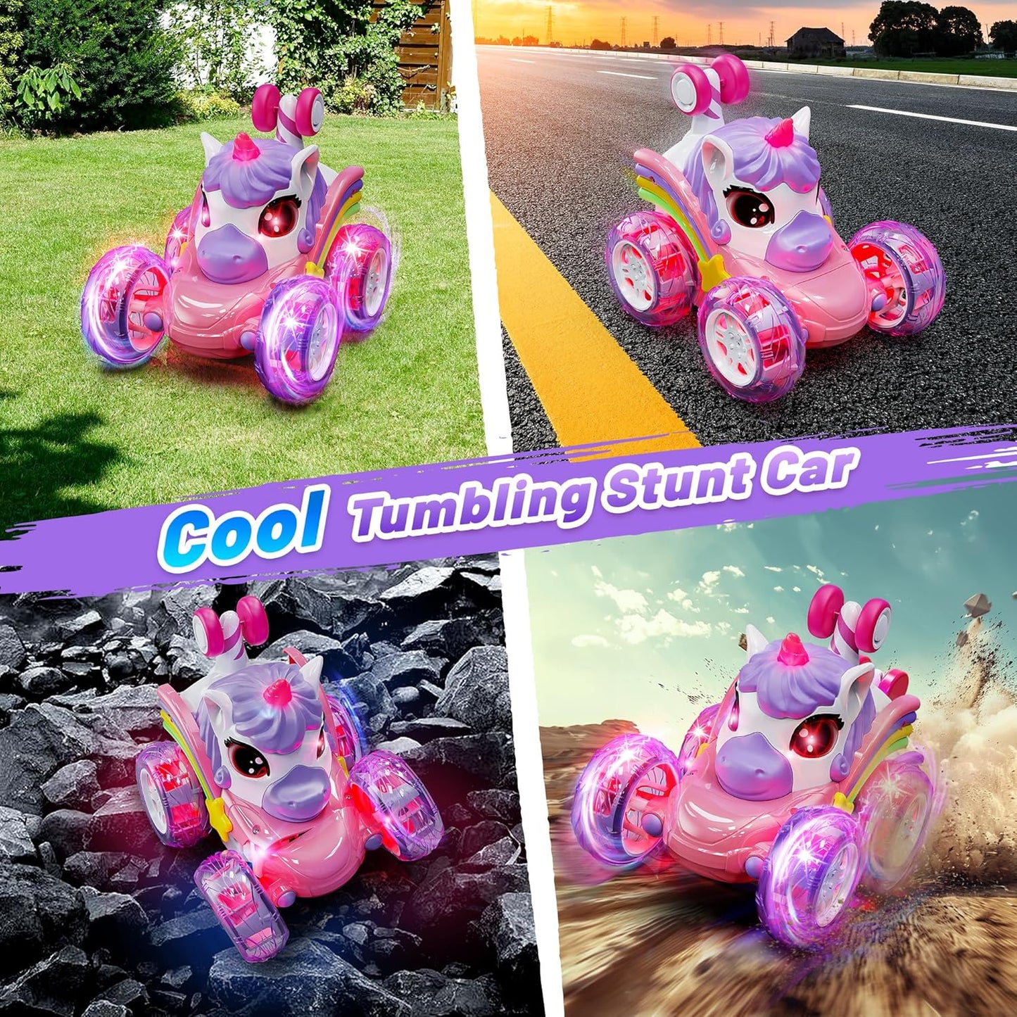 Hot Bee Remote Control Cars, Toy Cars for Kids Age 3+, RC Stunt Car with LED Light, Unicorn Gifts for Girls 3 4 5 6 7 8