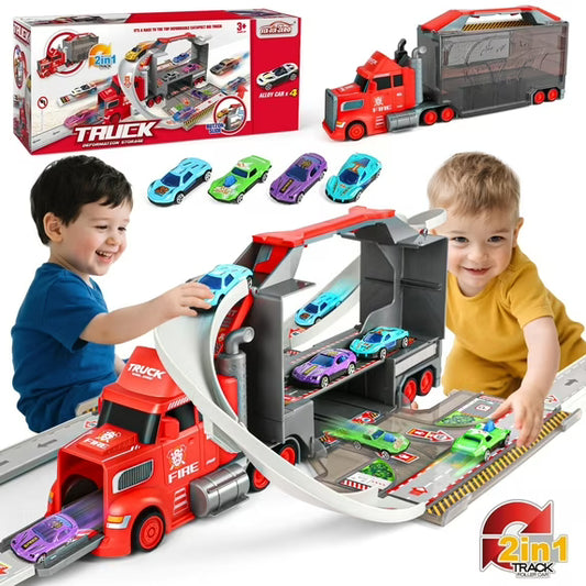 2-in-1 Carrier Truck Race Track Playset, 37" Extra-Long Track w/ Parking Lot, 17" Transporter Carrier 4 Metal Mini Cars, Educational Gift Racing Toy for Boys & Girls Ages 3-8