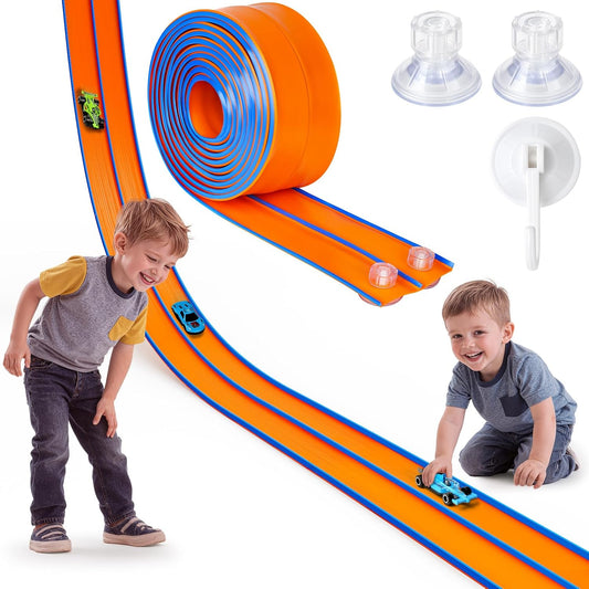 Hot Bee 14.7ft Flexible Race Track for 1:64 Diecast Cars - Soft Silicone Dual-Lane Car Track with Heavy-Duty Suction Cups, Portable DIY Wall & Window Race Ramps, Gift for Boys Kids Age 3 4 5 6 7 8
