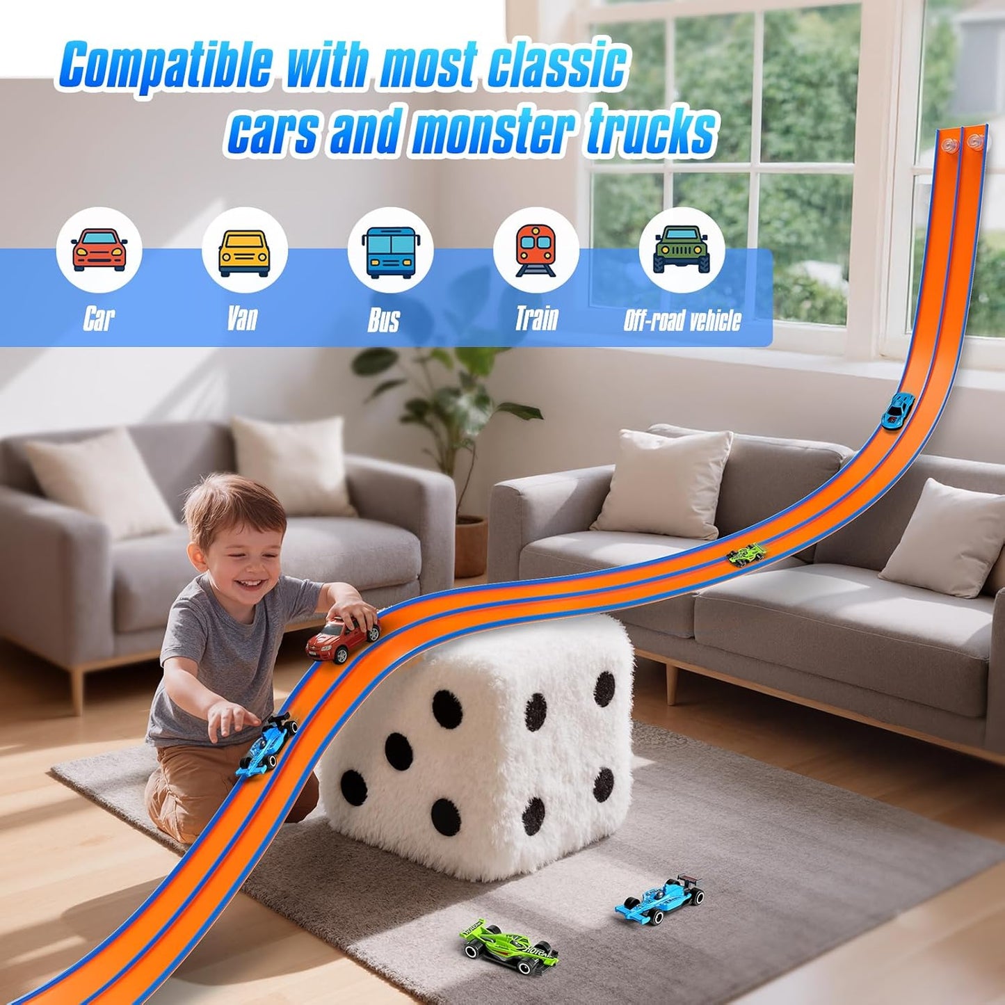 Hot Bee 14.7ft Flexible Race Track for 1:64 Diecast Cars - Soft Silicone Dual-Lane Car Track with Heavy-Duty Suction Cups, Portable DIY Wall & Window Race Ramps, Gift for Boys Kids Age 3 4 5 6 7 8