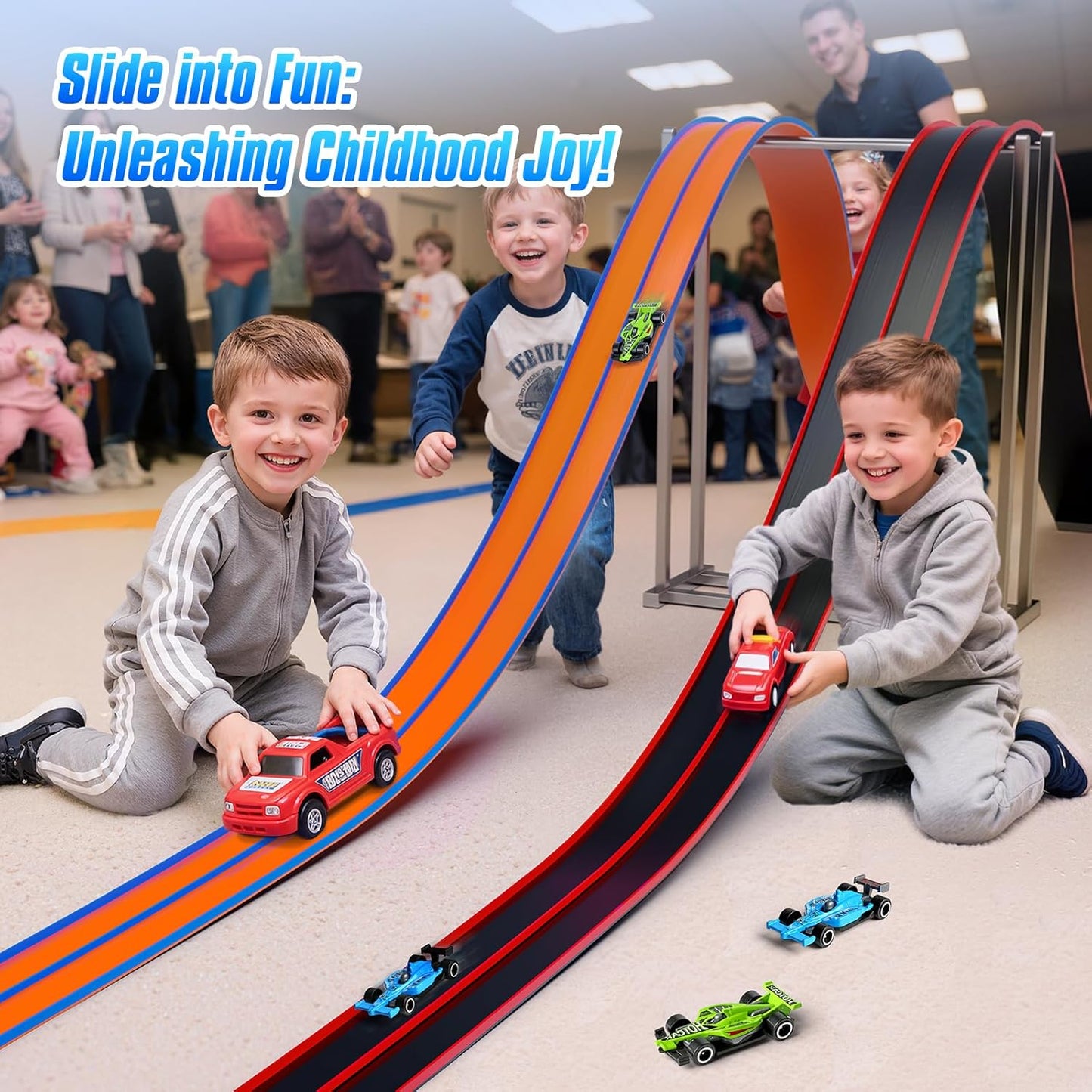 Hot Bee 14.7ft Flexible Race Track for 1:64 Diecast Cars - Soft Silicone Dual-Lane Car Track with Heavy-Duty Suction Cups, Portable DIY Wall & Window Race Ramps, Gift for Boys Kids Age 3 4 5 6 7 8