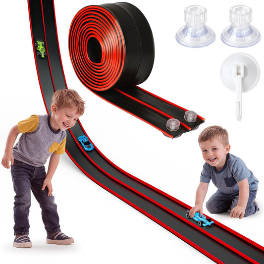 Hot Bee 14.7ft Flexible Race Track for 1:64 Diecast Cars - Soft Silicone Red & Black Car Track with Heavy-Duty Suction Cups, Portable DIY Wall & Window Race Ramps, Gift for Boys Kids Age 3 4 5 6 7 8