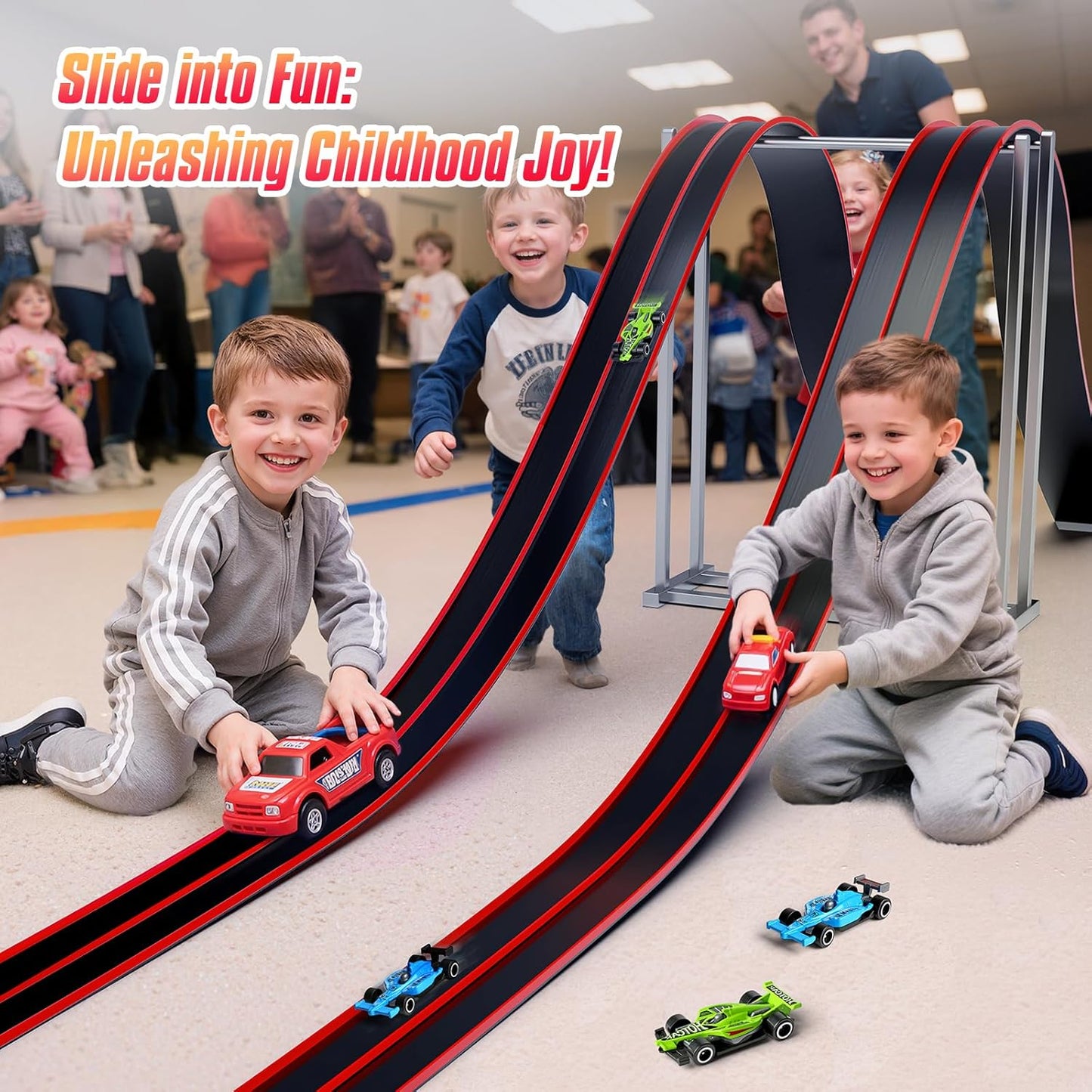 Hot Bee 14.7ft Flexible Race Track for 1:64 Diecast Cars - Soft Silicone Red & Black Car Track with Heavy-Duty Suction Cups, Portable DIY Wall & Window Race Ramps, Gift for Boys Kids Age 3 4 5 6 7 8
