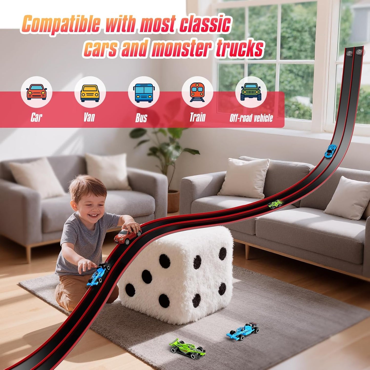 Hot Bee 14.7ft Flexible Race Track for 1:64 Diecast Cars - Soft Silicone Red & Black Car Track with Heavy-Duty Suction Cups, Portable DIY Wall & Window Race Ramps, Gift for Boys Kids Age 3 4 5 6 7 8