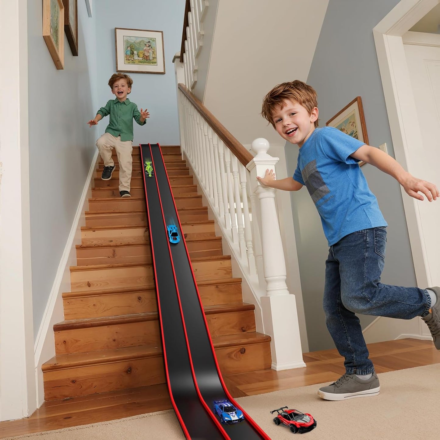 Hot Bee 14.7ft Flexible Race Track for 1:64 Diecast Cars - Soft Silicone Red & Black Car Track with Heavy-Duty Suction Cups, Portable DIY Wall & Window Race Ramps, Gift for Boys Kids Age 3 4 5 6 7 8