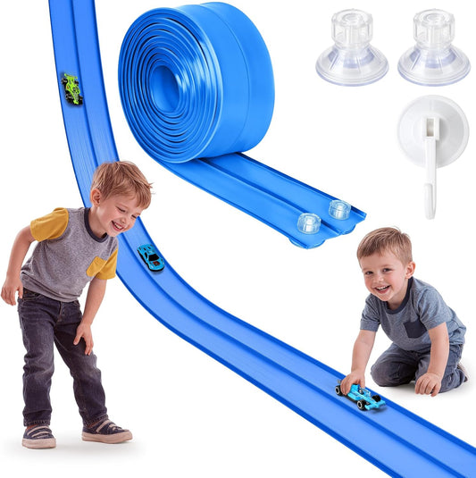 Hot Bee 14.7ft Flexible Race Track for 1:64 Diecast Cars - Soft Silicone Blue Car Track with Heavy-Duty Suction Cups, Portable DIY Wall & Window Race Ramps, Gift for Boys Kids Age 3 4 5 6 7 8