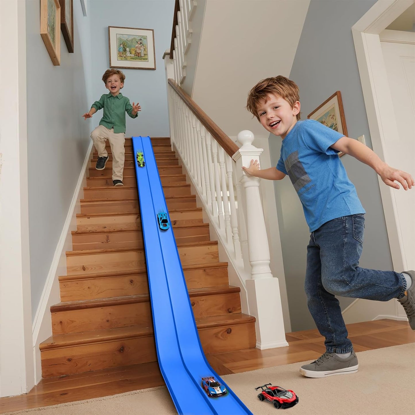 Hot Bee 14.7ft Flexible Race Track for 1:64 Diecast Cars - Soft Silicone Blue Car Track with Heavy-Duty Suction Cups, Portable DIY Wall & Window Race Ramps, Gift for Boys Kids Age 3 4 5 6 7 8