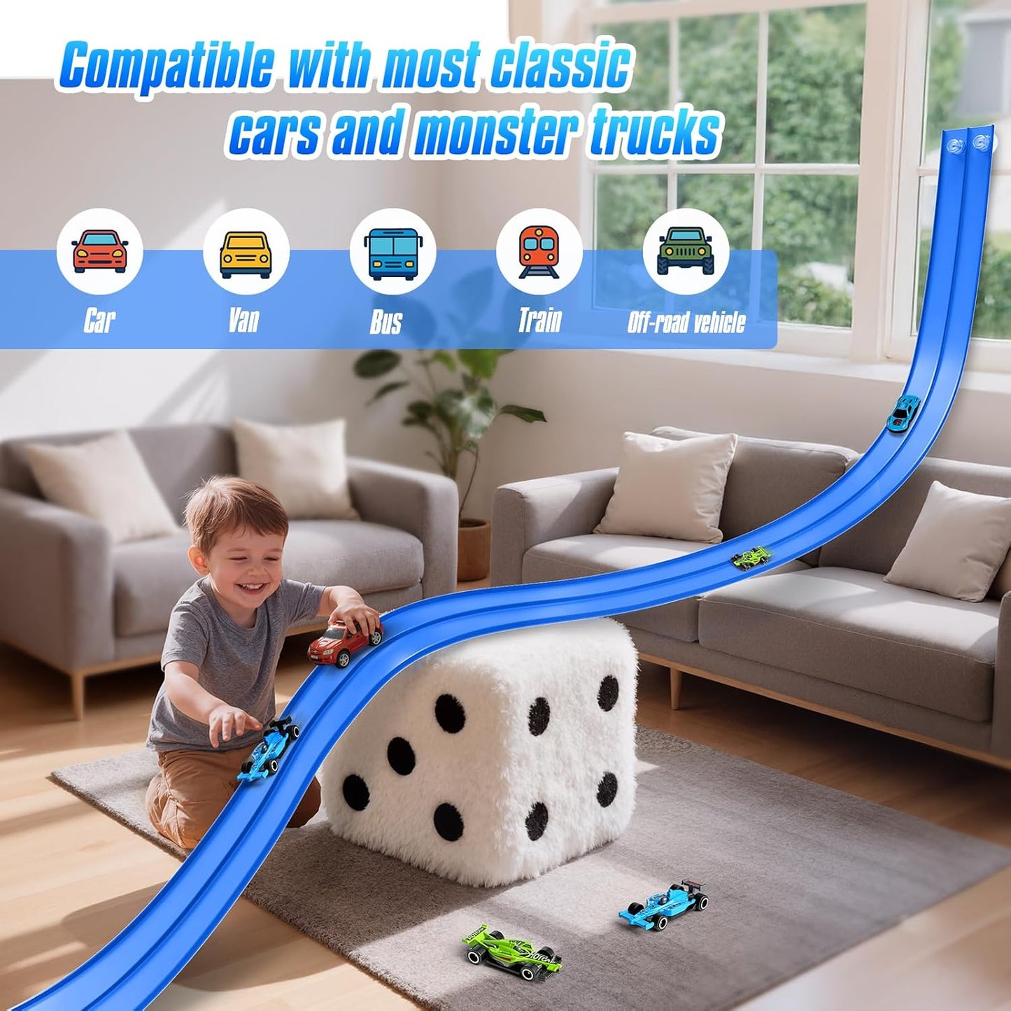 Hot Bee 14.7ft Flexible Race Track for 1:64 Diecast Cars - Soft Silicone Blue Car Track with Heavy-Duty Suction Cups, Portable DIY Wall & Window Race Ramps, Gift for Boys Kids Age 3 4 5 6 7 8