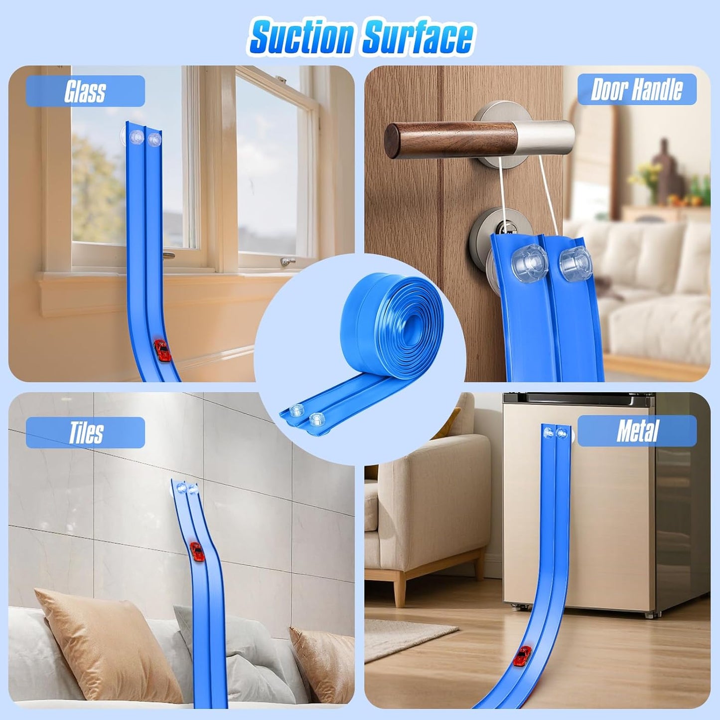 Hot Bee 14.7ft Flexible Race Track for 1:64 Diecast Cars - Soft Silicone Blue Car Track with Heavy-Duty Suction Cups, Portable DIY Wall & Window Race Ramps, Gift for Boys Kids Age 3 4 5 6 7 8