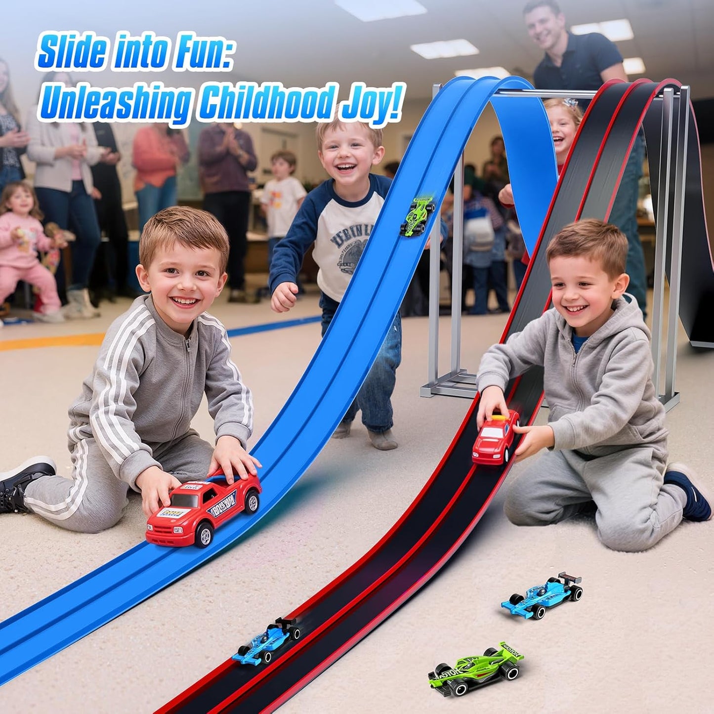 Hot Bee 14.7ft Flexible Race Track for 1:64 Diecast Cars - Soft Silicone Blue Car Track with Heavy-Duty Suction Cups, Portable DIY Wall & Window Race Ramps, Gift for Boys Kids Age 3 4 5 6 7 8