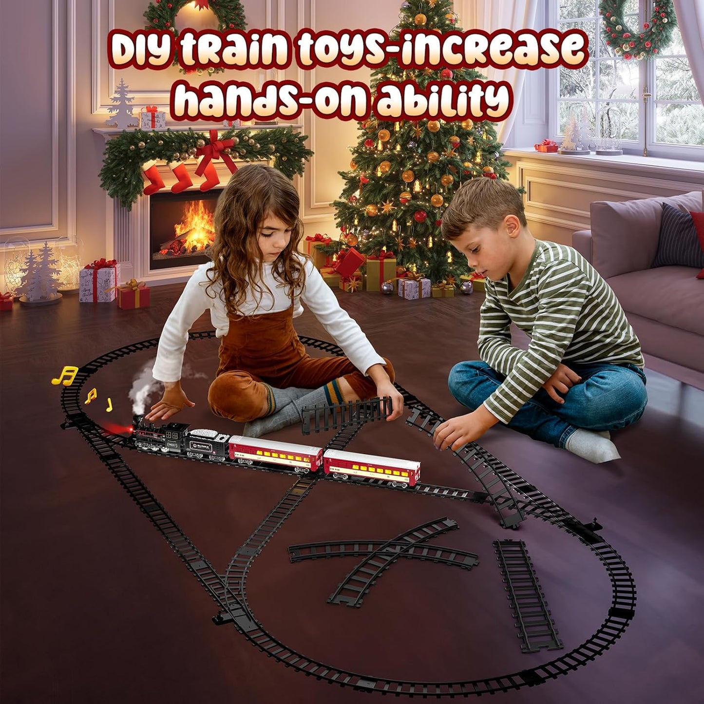 Hot Bee Train Set - Metal Train Toys with Luxury Tracks and Glowing Passenger, Christmas Train Sets for Around The Tree with Smokes, Lights & Sound, Toy Train Set for 3 4 5 6 7+ Years Old Boys Gifts