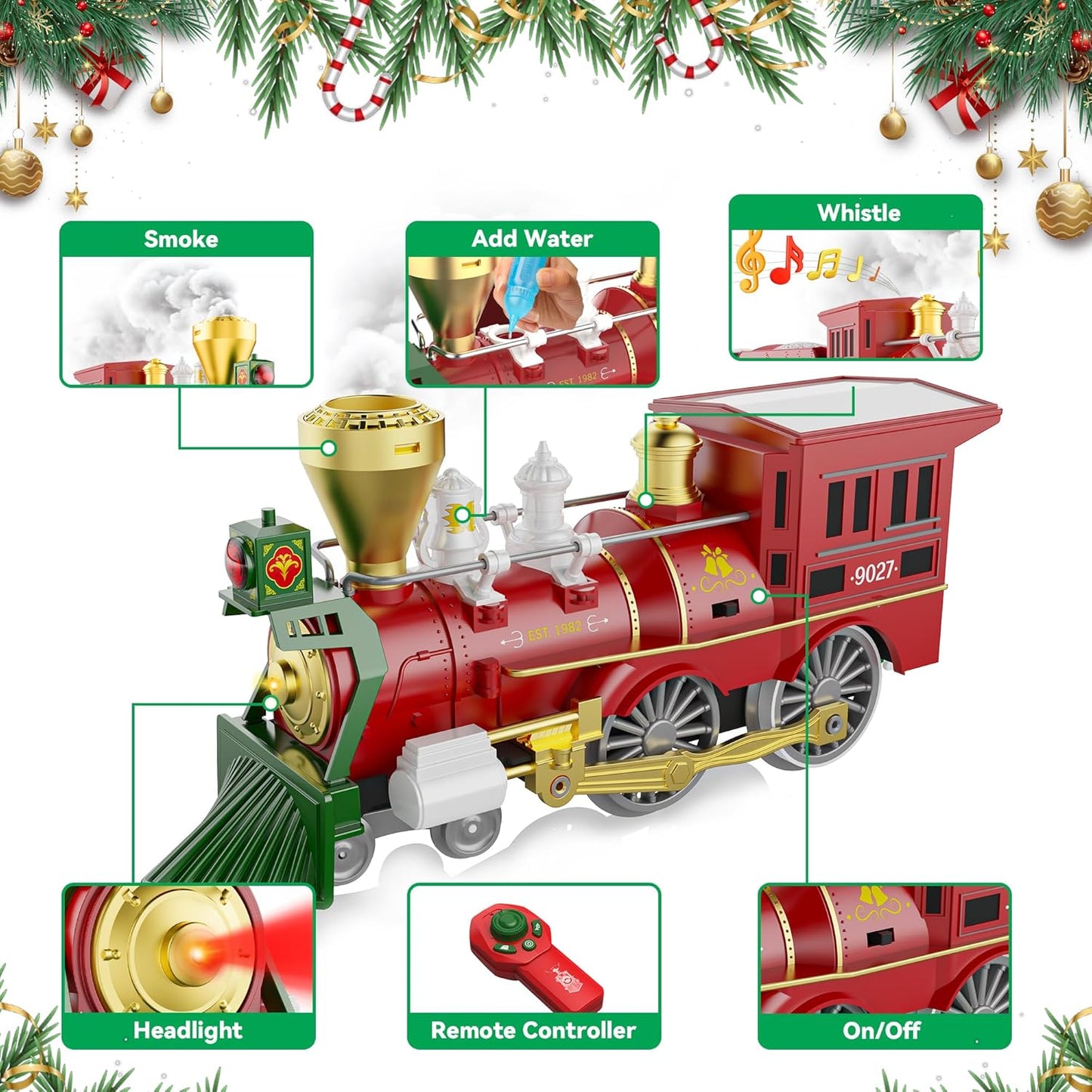 Hot Bee Christmas Train Set with Remote Control Train Toys w/Smoke, Lights & Sound, Christmas Train Sets for Around The Tree, Toy Train for Kids Train Set for 3 4 5 6 7+ Years Old Boys Gifts